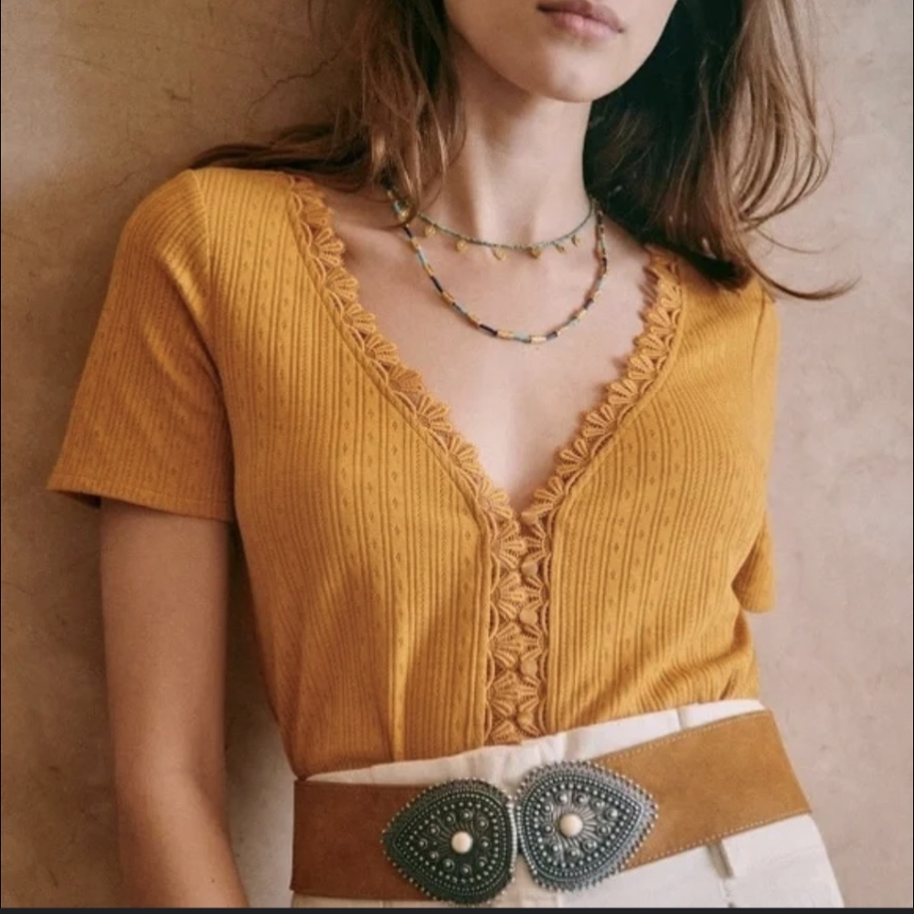 Mustard V-Neck Lace Trim Top